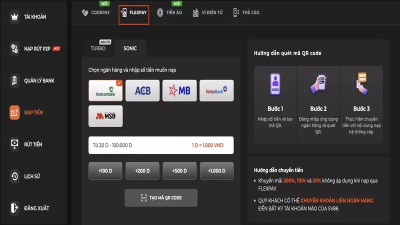 Nạp tiền SV88 qua Flexpay