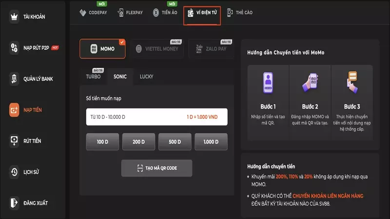 Nạp tiền SV88 qua Momo